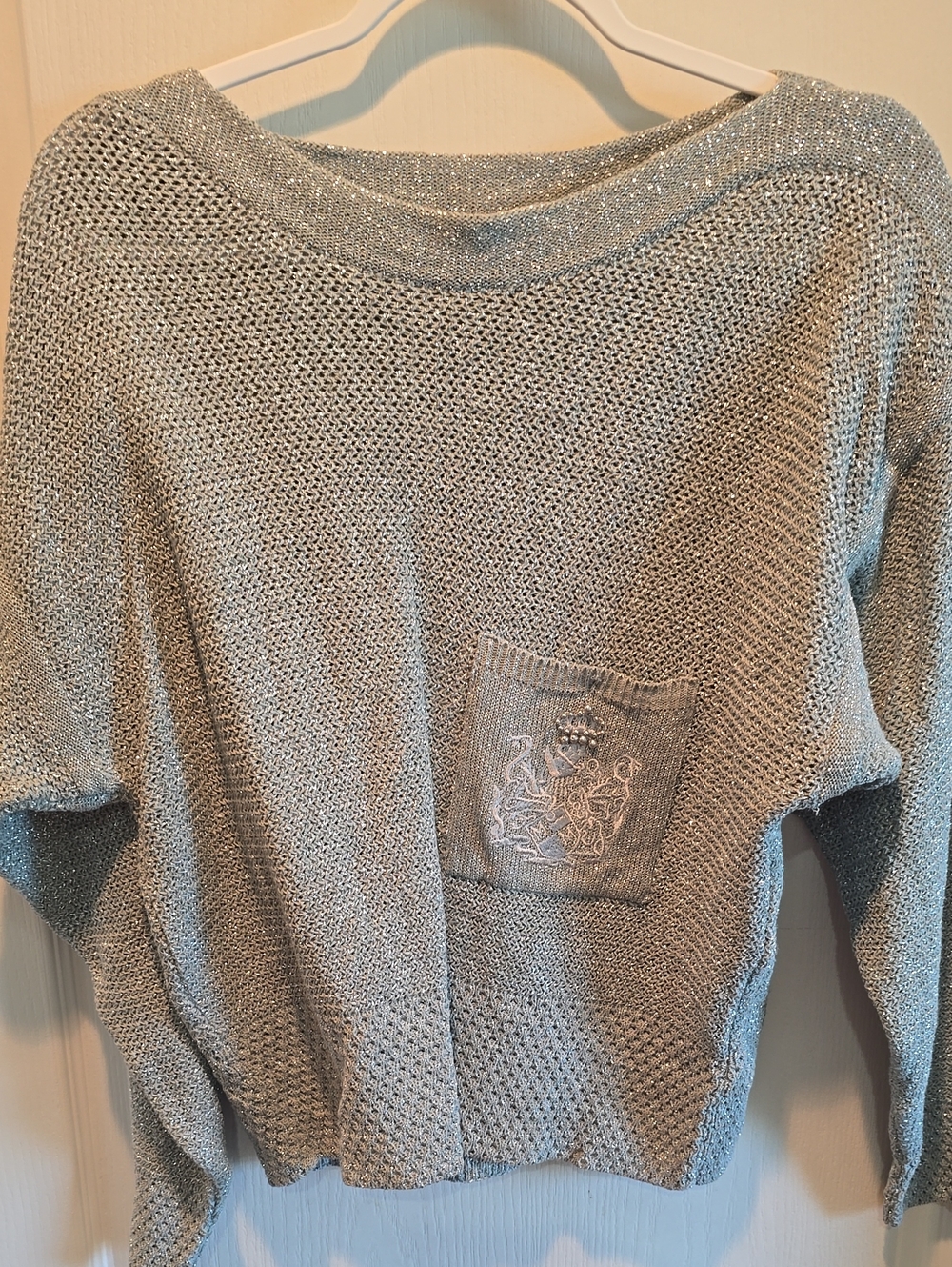 Madeline Metallic Silver Scoopneck Knit Sweater with Embroidered Pocket